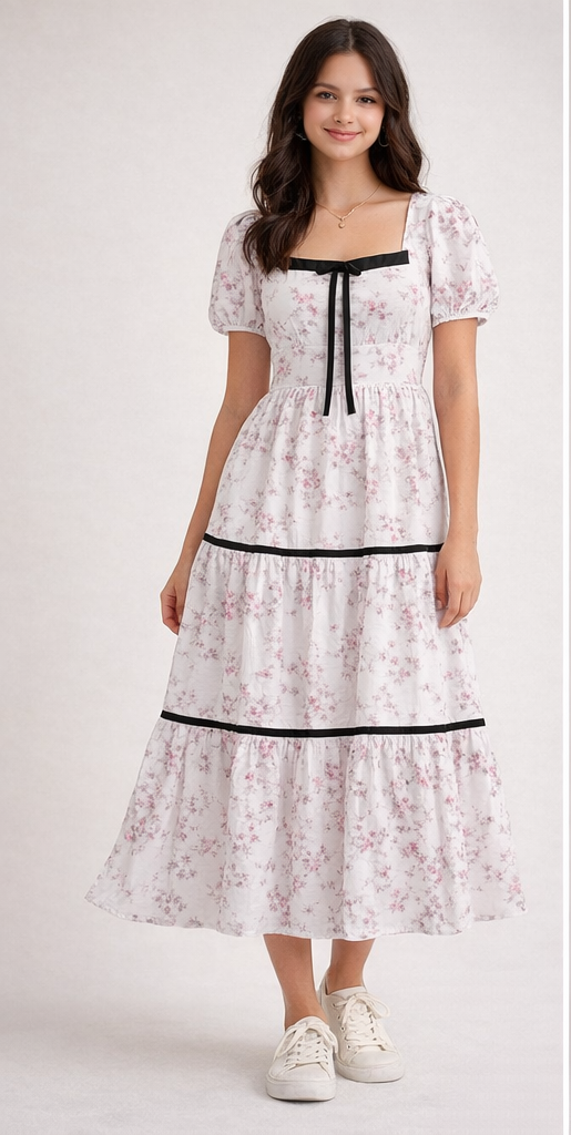 Floral Puff Sleeve Tiered Midi Dress