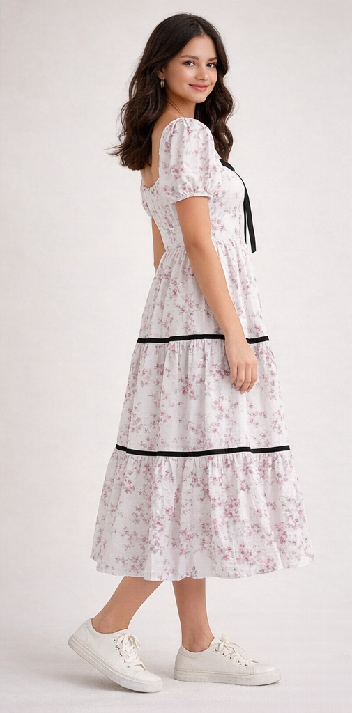 Floral Puff Sleeve Tiered Midi Dress - Image 3