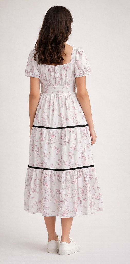 Floral Puff Sleeve Tiered Midi Dress - Image 2