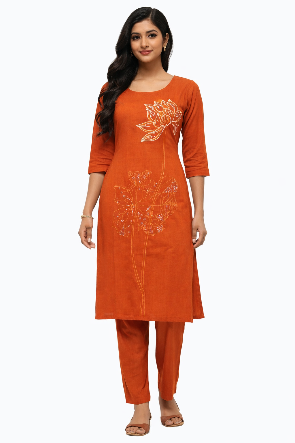 Rust Orange Lotus Bloom Straight Kurti Set
