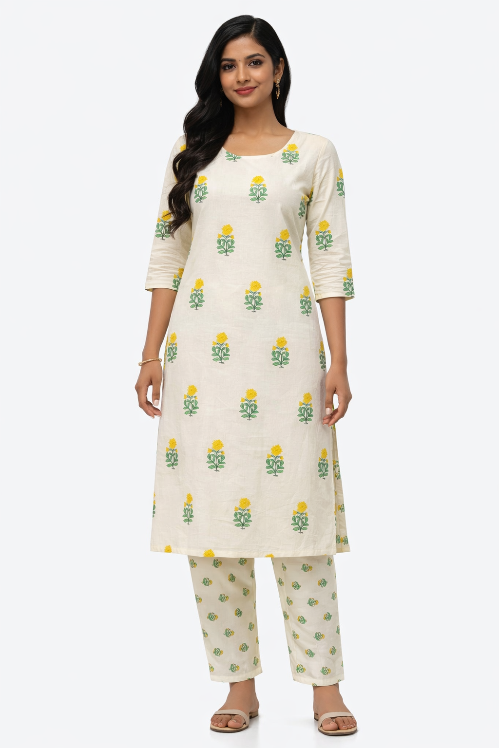 Ivory Bloom Cotton Kurti Pant Set