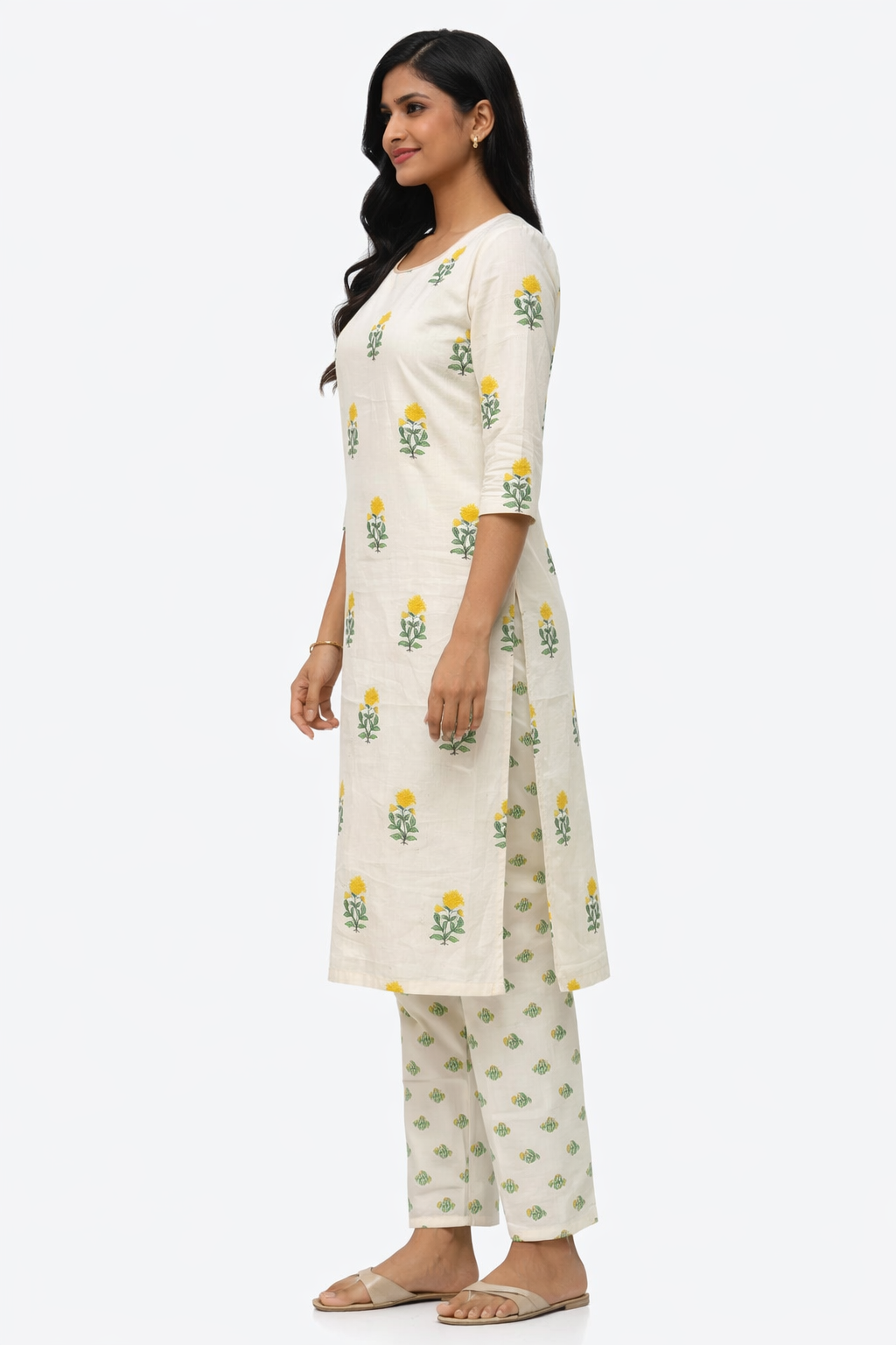 Ivory Bloom Cotton Kurti Pant Set - Image 4