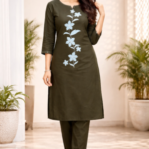 Olive Green Floral Kurta Pant Set
