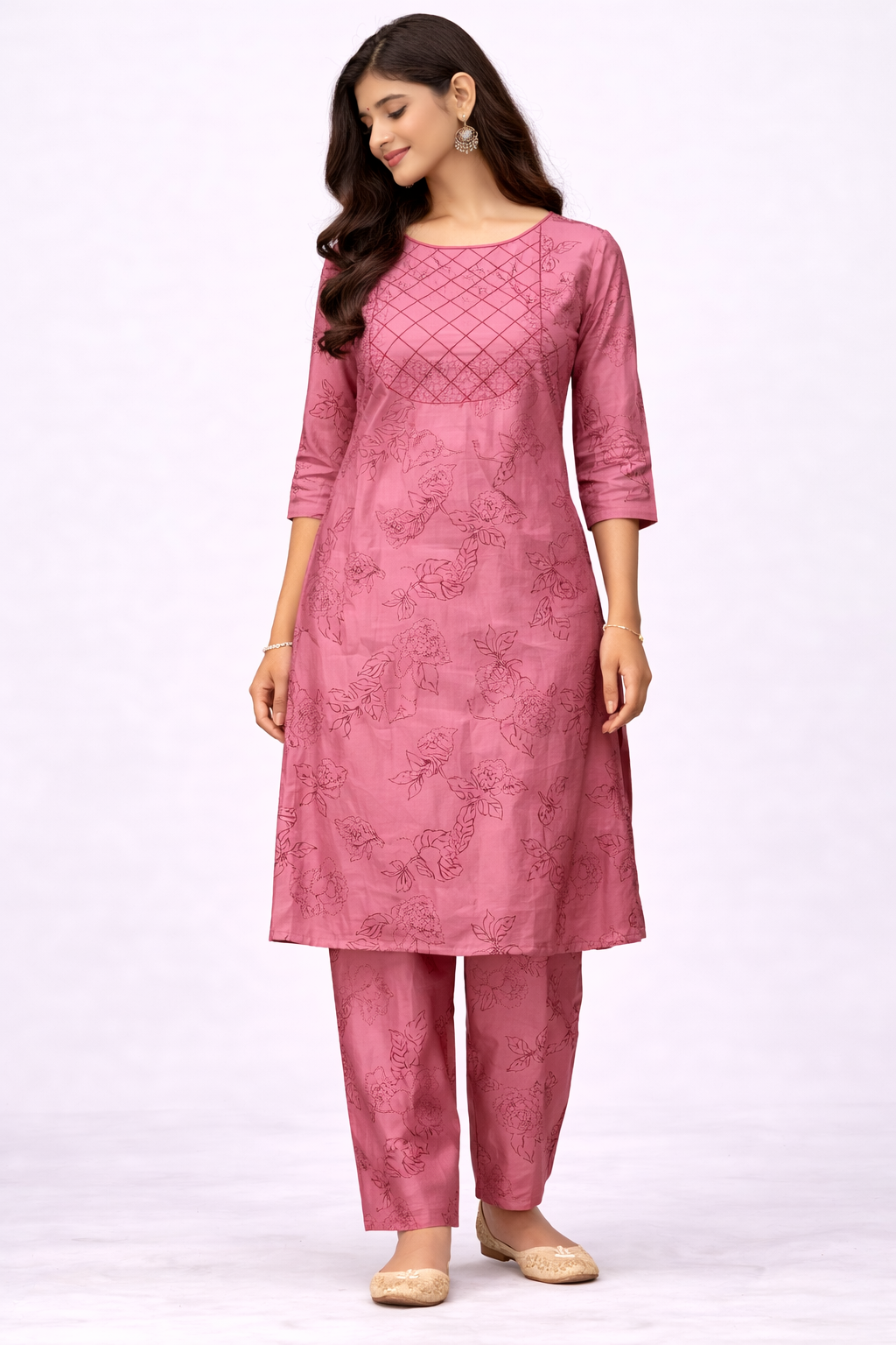Women’s Pink Floral Printed Kurta Set with Pants