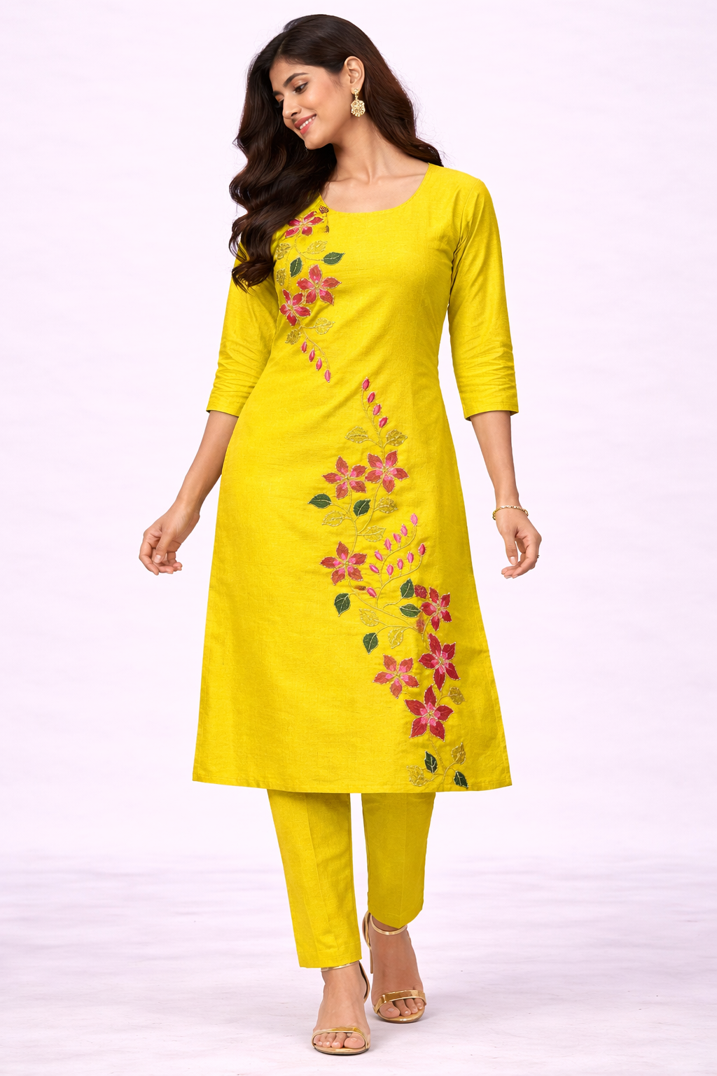 Sunshine Floral Embroidered Straight Kurti Set