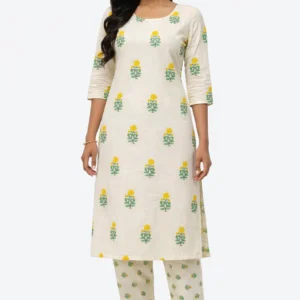 Ivory Bloom Cotton Kurti Pant Set