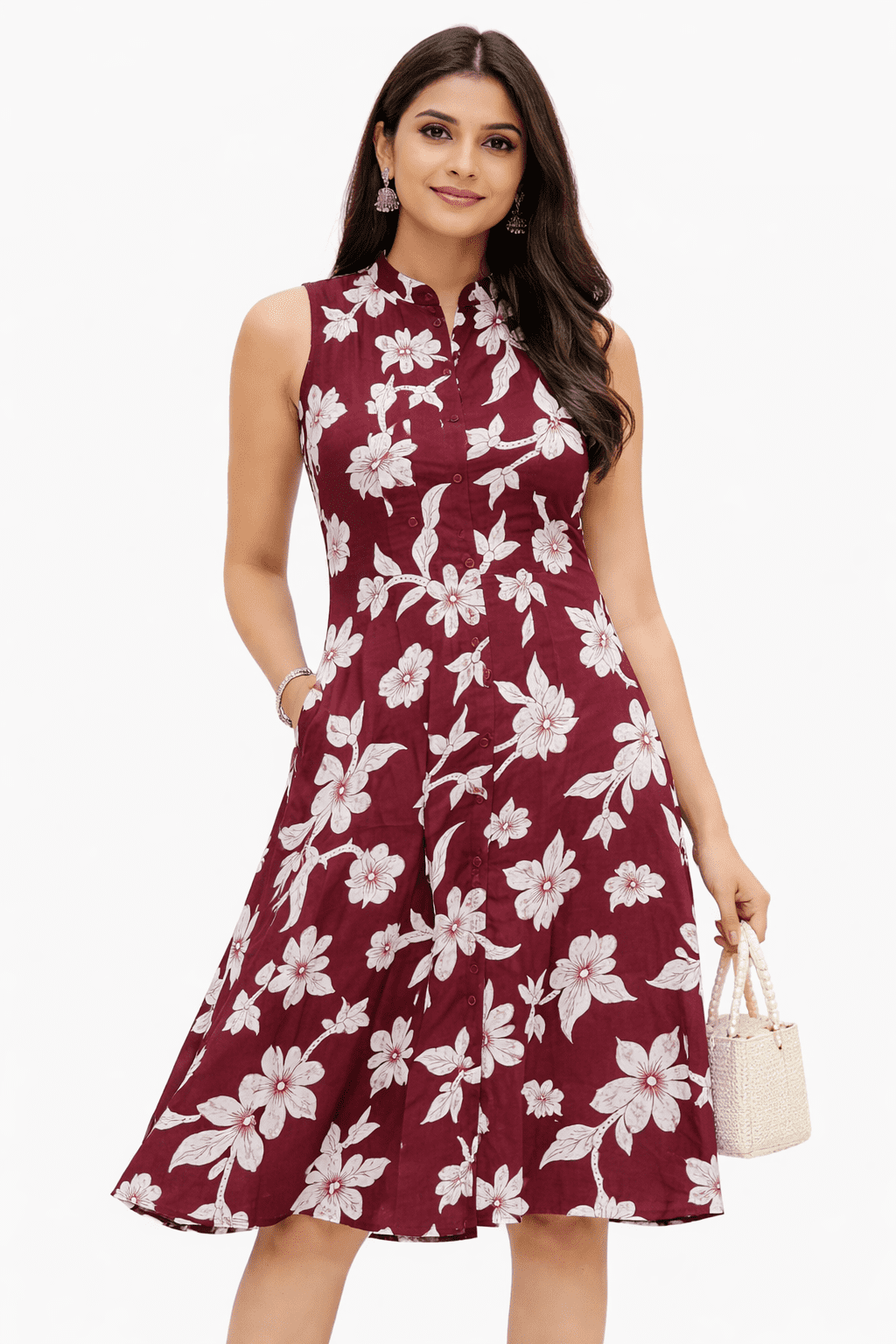 Maroon Floral A-Line Dress